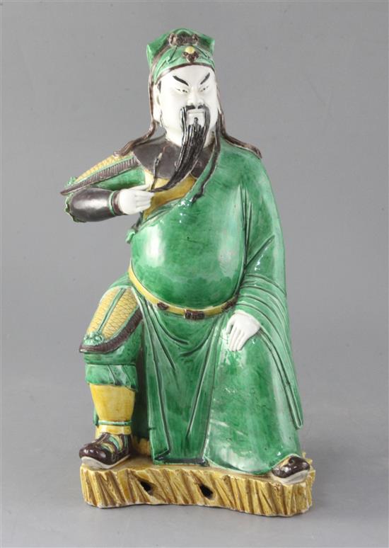 A Chinese enamelled biscuit porcelain figure of Guandi, 19th century, height 35cm